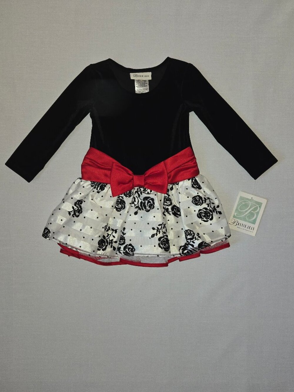 NWT Bonnie Jean Girls Black Velvet Red Floral Dress 4T Holiday Church